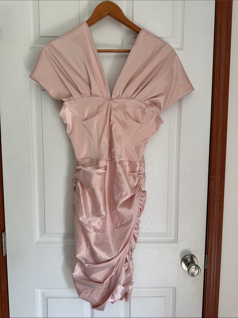 Easyoyo V-Neck Satin Ruched Blush Pink Dress XL
